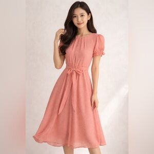NY Collection Petite Light Salmon Pink Midi Dress with Swiss Dot